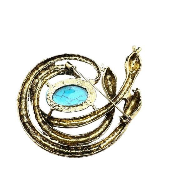 Womens Snake Brooch Gold Tone Faux Blue Turquoise Statement Pin Vintage Style - Picture 2 of 3